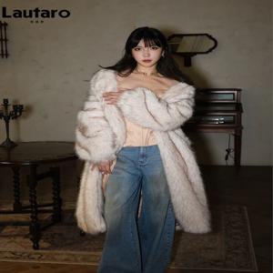 Lautaro 여성용 긴 캐주얼 모피 코트, 부드럽고 두껍고 따뜻한 털, 인조 여우 모피 코트, 루즈하고 푹신한 모피 오버코트, 겉옷 2024, 가을, 겨울
