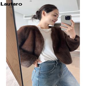 Lautaro 가을 겨울 세련된 럭셔리 부드럽고 두꺼운 따뜻한 브라운 가짜 밍크 모피 코트 여성 딥 브이 넥 긴 소매 털이 자켓 2024