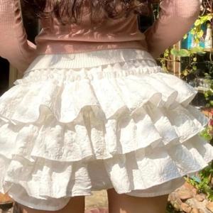 카와이 볼 가운 짧은 치마 Pleated Ruffles 계층화 된 하이 웨이스트 솔리드 미니 케이크 스커트 로리타 소녀 달콤한 귀여운 탄성 허리 Y2K