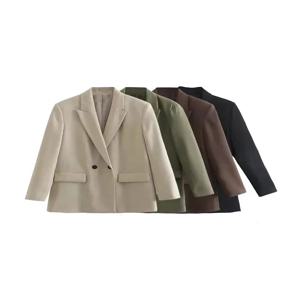TRZA 여성 패션 더블 브레스트 루즈 피팅 블레이저 코트 빈티지 긴 소매 주머니 여성 겉옷 Chic Veste Femme