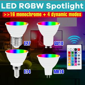 RGB LED 스포트 전구 85-265V 16 색상 원격 E26/E27 다채로운 E14 타이밍 GU10 무드 램프 전구 GU5.3로 조명 MR16 변경