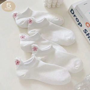 5 쌍 여성 만화 짧은 양말 유행 다목적 귀여운 꽃 패턴 양말 땀 흡수 통기성 부드럽고 캐주얼 양말