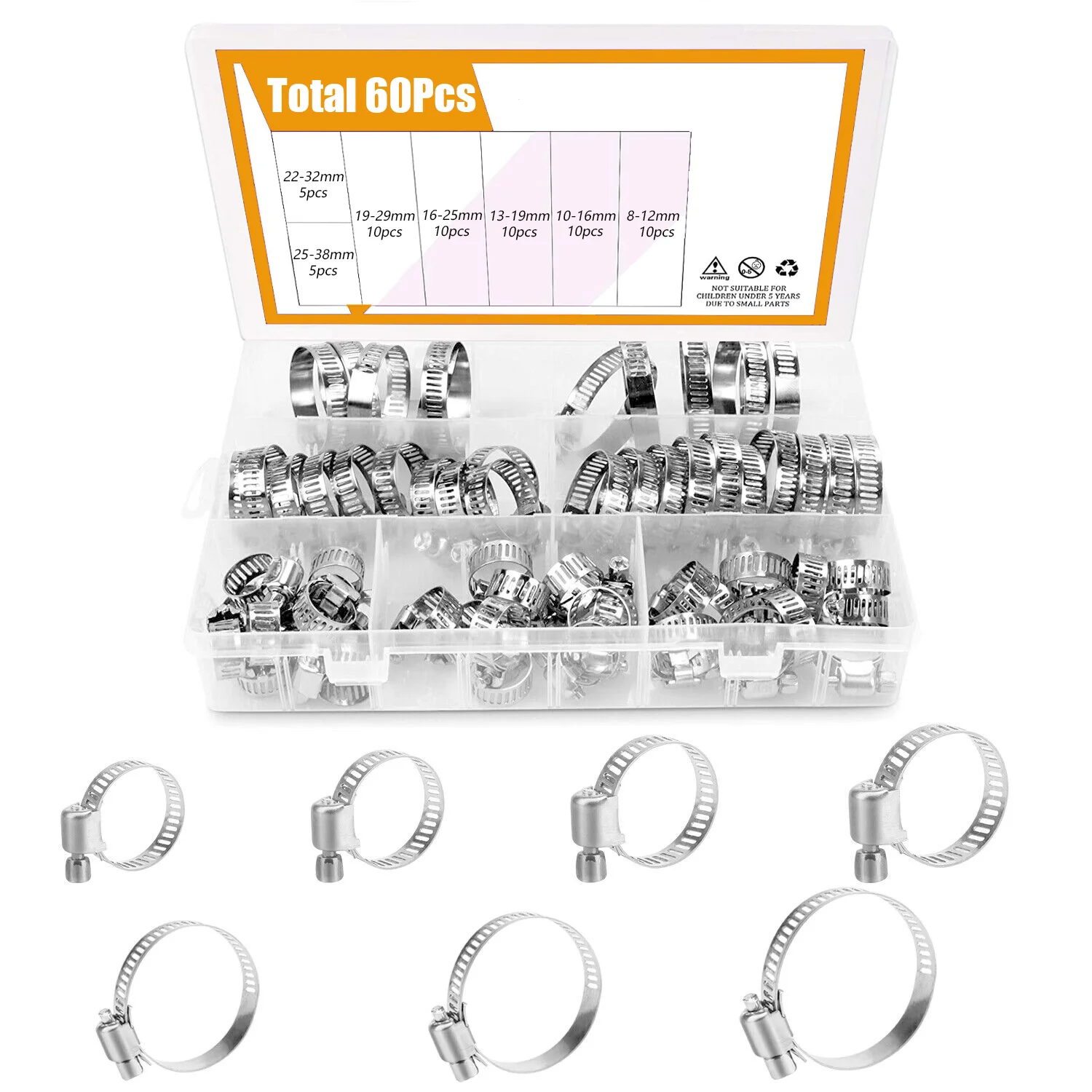 60pcs 8-38mm 조정 가능한 스테인레스 스틸 스크류 밴드 호스 클램프 자동차 연료 호스 클램프 파이프 클램프 웜 기어 클립 호스 클램프