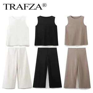 TRAFZA 2024 여름 여성 조끼 바지 세트 O 넥 민소매 티셔츠 신축성있는 허리 루즈 한 바지 캐주얼 여성 빈티지 솔리드 슈트