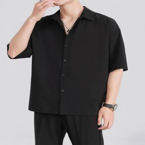 홍콩 스타일 아이스 실크 루즈핏 반소매 캐주얼 셔츠 남성 여름 얇은 검은색 셔츠 청소년 트렌드 여름 패션
