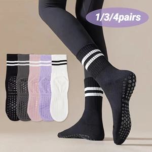 4 쌍의 미드 튜브 더블 바 스트라이프 요가 양말 안티 슬립 댄스 스포츠 통기성 양말 피트니스 필라테스 코튼 양말