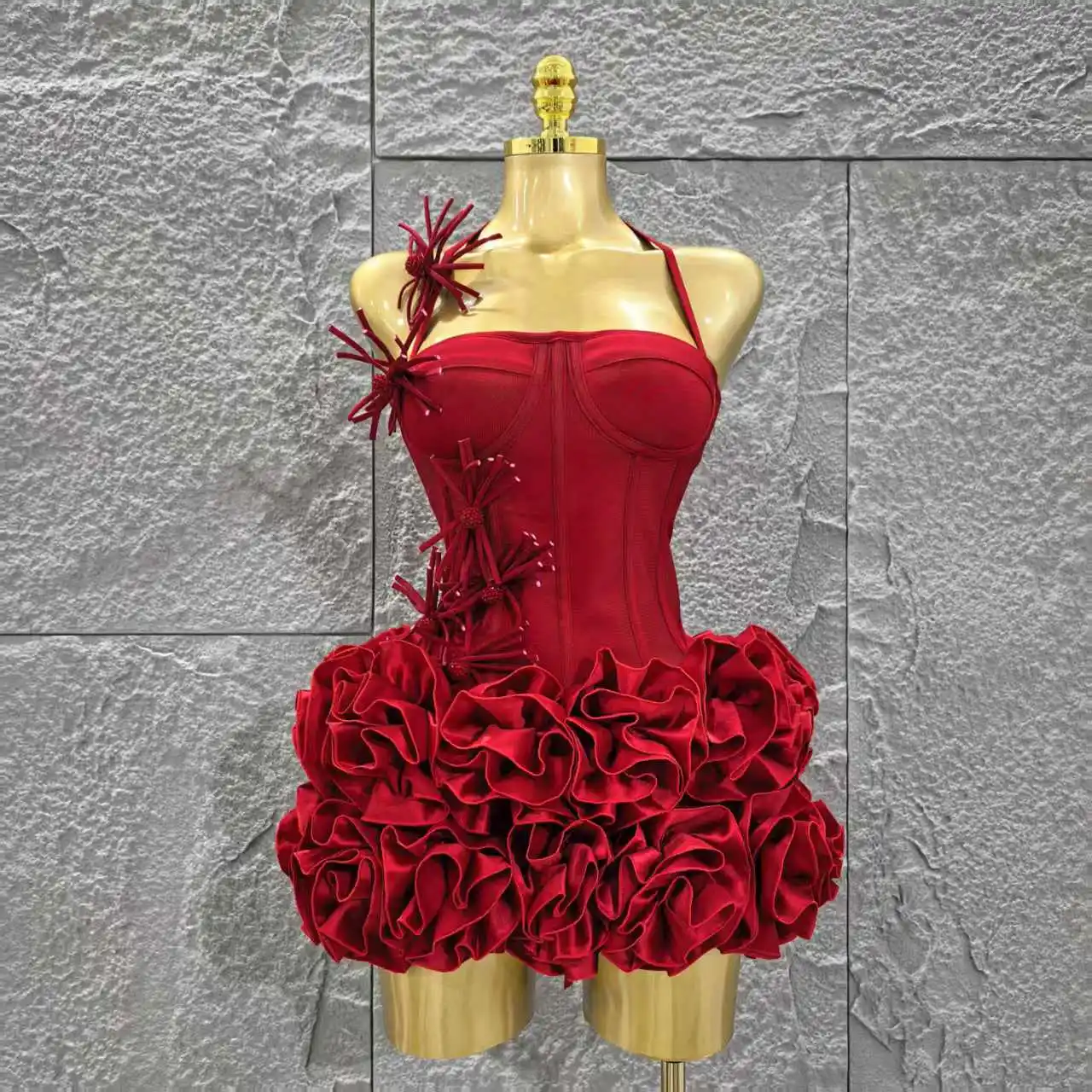 붉은 색 여성 섹시한 홀터넥 전체 Florals 2 조각 Bodycon 미니 붕대 드레스 축하 나이트 클럽 파티 생일 드레스