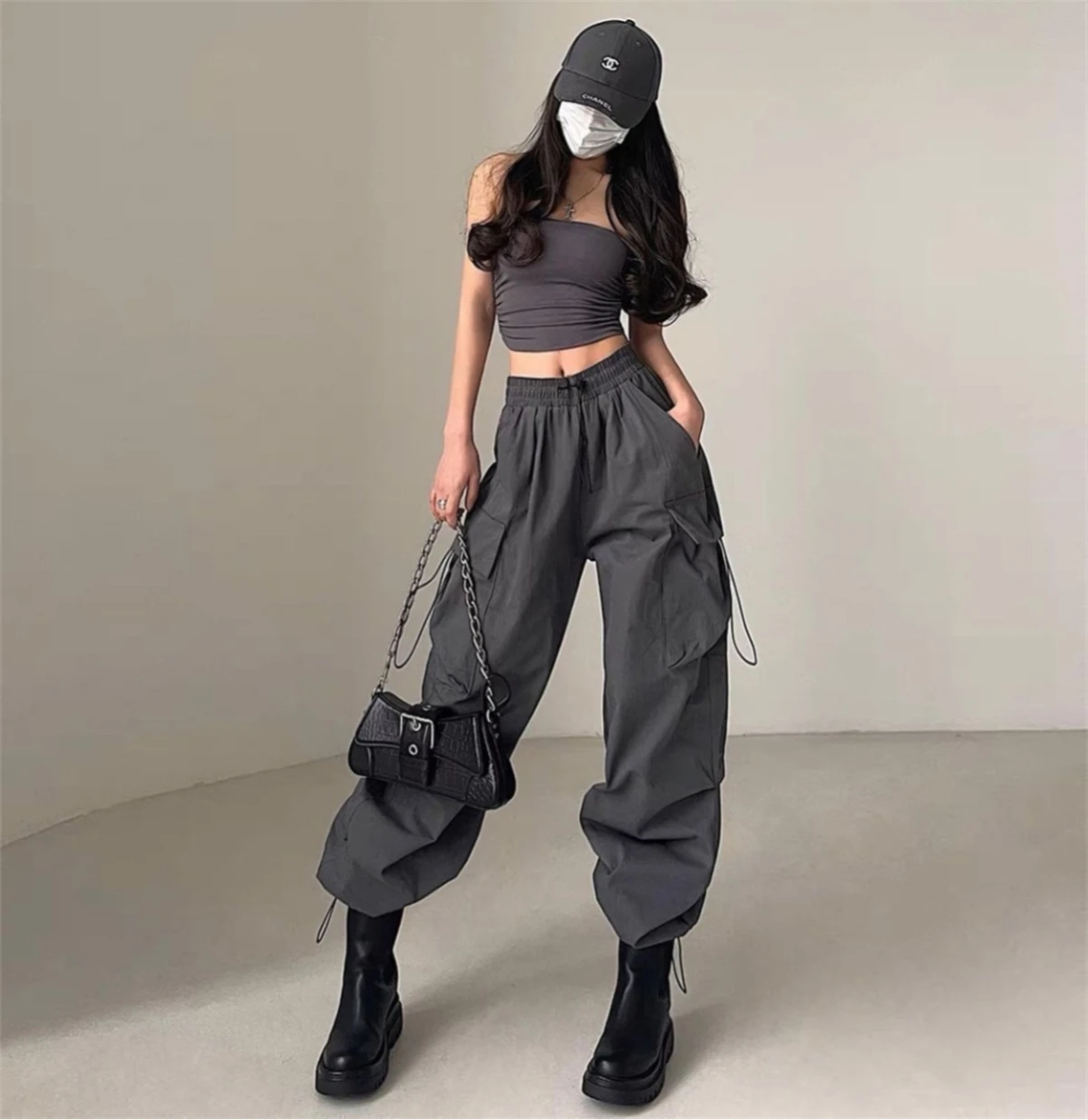 여성 넓은 다리 헐렁한 바지 솔리드 드로우 스트링 Y2K 대형 포켓 카고 바지 여성 힙합 streetwear 레이디 2025 스웨트 팬츠