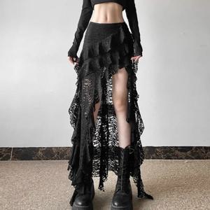 고딕 스커트 2000년대 여름 여성 의류 Gyaru Kpop streetwear 레이스 하이 웨이스트 캐주얼 미적 롱 스커트 femme 힙합 스커트