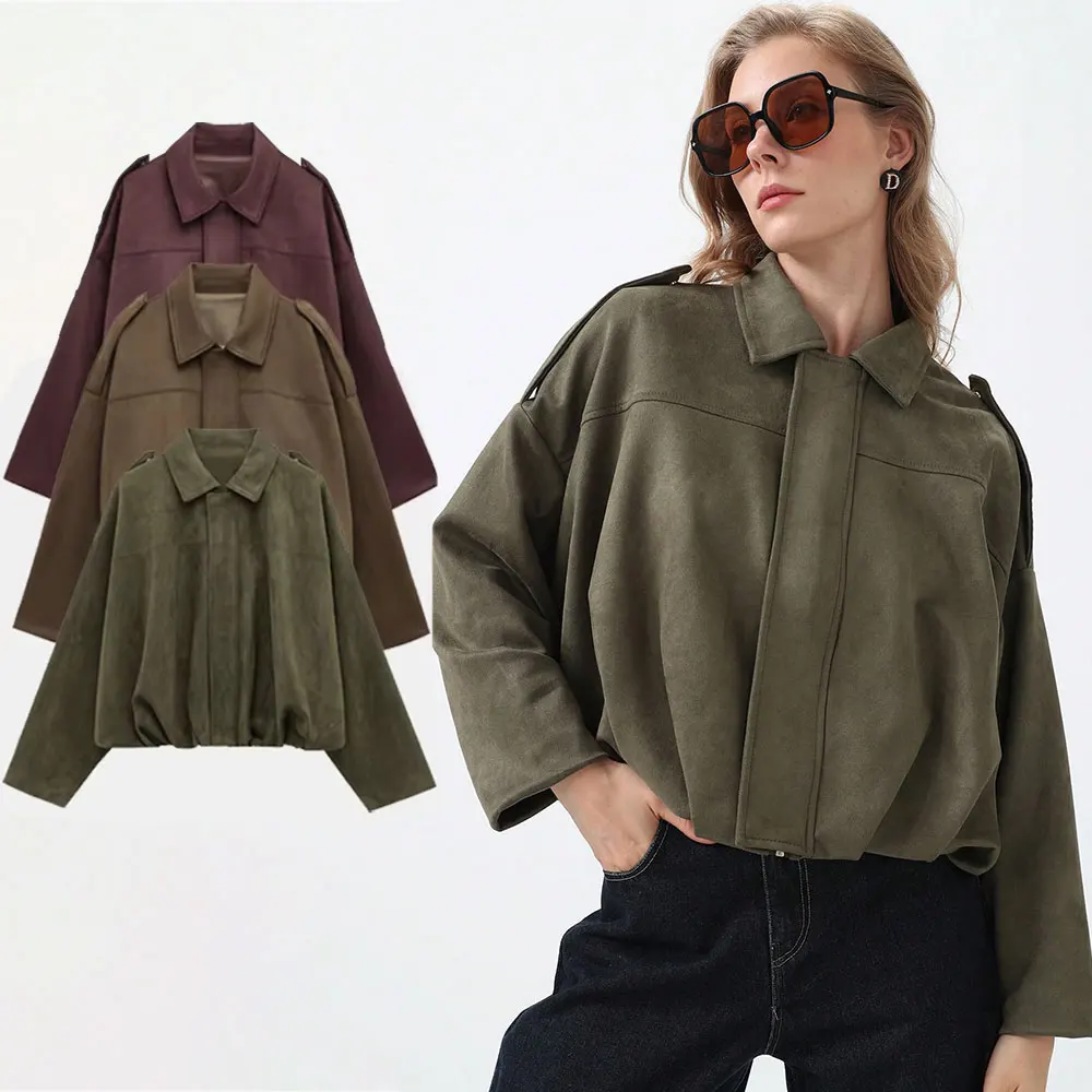TRAFZA 여성용 폭격기 재킷 스웨이드 코트 패션 턴 다운 칼라 긴 소매 루즈 코트 빈티지 여성 겉옷 Chic Tops