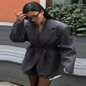 우아한 라펠 벨트 블레이저 코트 여성 캐주얼 긴소매 포켓 턴다운 칼라 탑 가을 신상 여성 시크 도시 아웃웨어