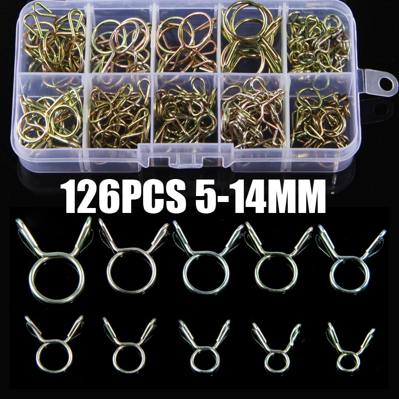 126Pcs 5mm-14mm 호스 클램프 아연 도금 스프링 클립 보트 오토바이 용 기어 호스 연료 라인 클램프