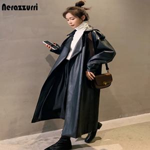 Nerazzurri-여성용 대형 방수 가죽 트렌치 코트, 긴 소매 느슨한 한국 패션 의류, 봄 블랙 2021