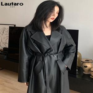Lautaro-여성용 롱 블랙 가죽 트렌치코트, 오버사이즈 새시, 싱글 버튼, 루즈한 스타일리시, 한국 패션, 봄