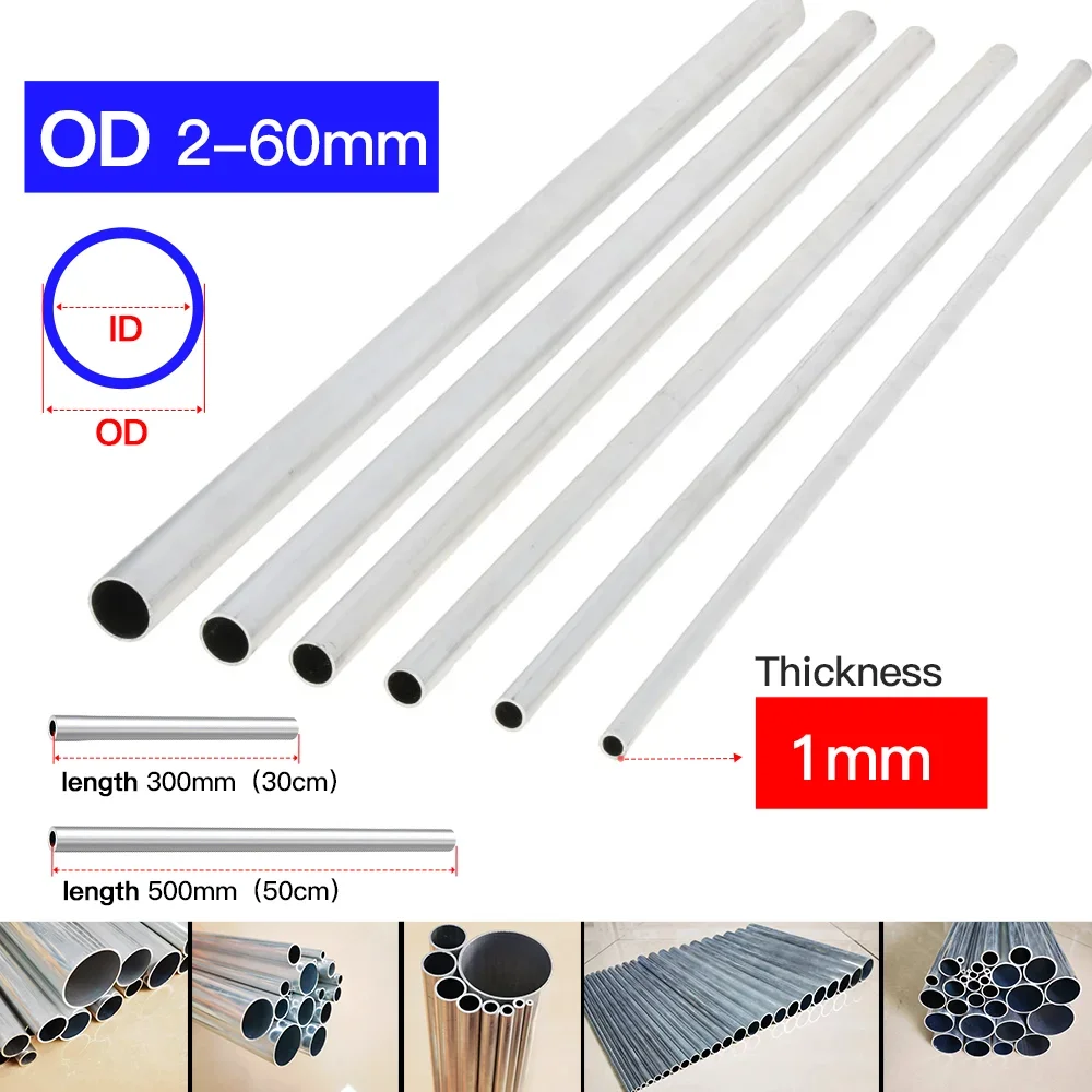 알루미늄 튜브 1mm 두께 3-60mm OD 직선 300mm 500mm 긴 원형 6063 알루미늄 합금 금속 파이프