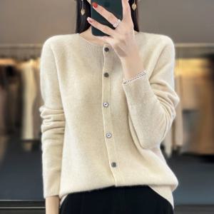 여성 100% 메리노 울 스웨터 가을 겨울 오-넥 첫 번째 라인 원활한 카디건 긴 소매 의류 캐시미어 니트 탑