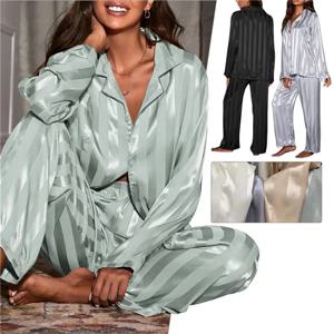여성 여름 줄무늬 잠옷 세트 긴 소매 탑 바지 실크 새틴 홈 슈트 봄 느슨한 캐주얼 잠옷 여성 Nightwear