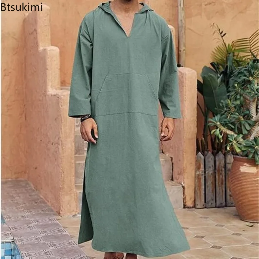 2025 새로운 남성 솔리드 이슬람 가운 레트로 아랍 이슬람 롱 드레스 캐주얼 코튼 린넨 긴 Kaftan 중동 이슬람 의류 남성