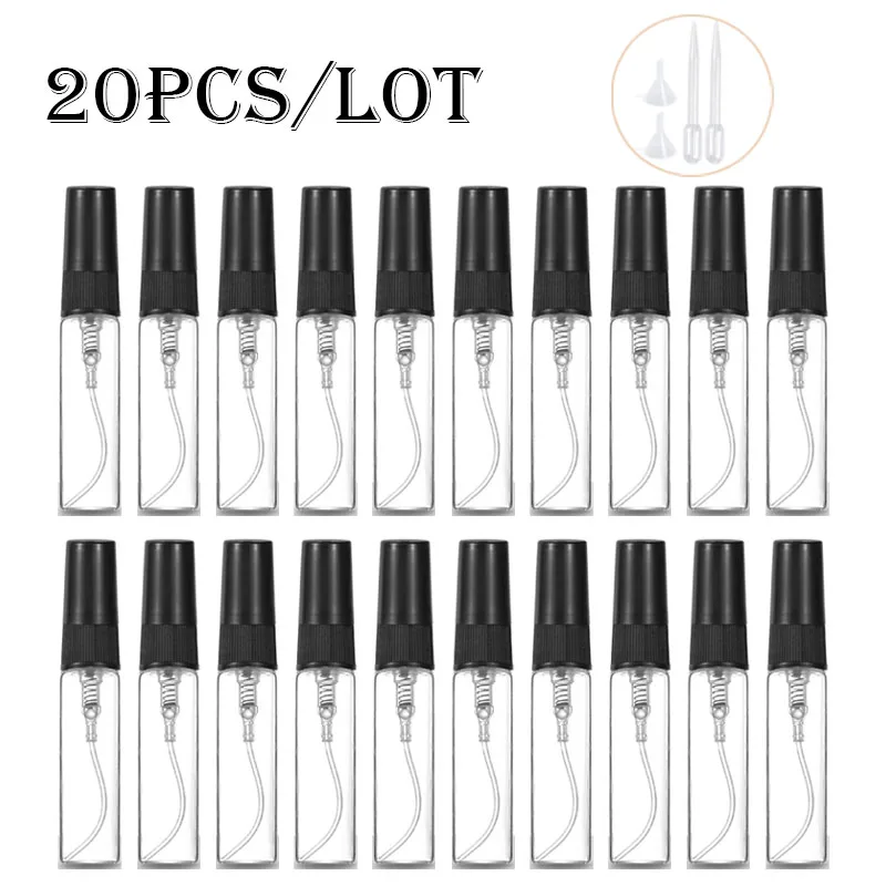 20 개/갑 2ml 3ml 5ml 10ml 안개 스프레이 병 분명 미니 향수 유리 병 빈 화장품 병 무료 2 깔때기 2 Droppers