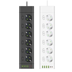 EU 플러그 멀티탭, 독립 제어 콘센트 2개, 2m 연장 코드, 4개 USB 포트 및 2개 타입 C 포트 포함