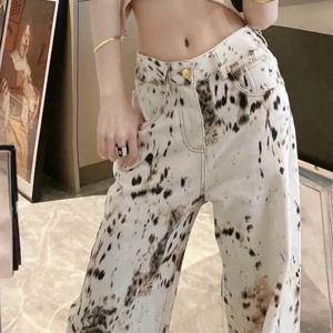 패션 베이지 레오파드 인쇄 청바지 여성 streetwear 빈티지 히피 넓은 다리 바지 여성 캐주얼 헐렁한 스트레이트 높은 허리 청바지
