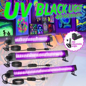 40/60/80 LED 블랙 라이트 튜브 - 스위치 포함, 360도 회전, 글로우 파티용 UV 램프, 바디 아트, 할로윈, 크리스마스 휴가