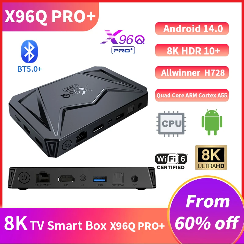 X96Q PRO+ TV 박스 안드로이드 14 Allwinner H728 스마트 박스 1000M LAN BT5 Wifi6 2.4G/5G 지원 8K 미디어 플레이어 셋톱 박스 4GB 64GB