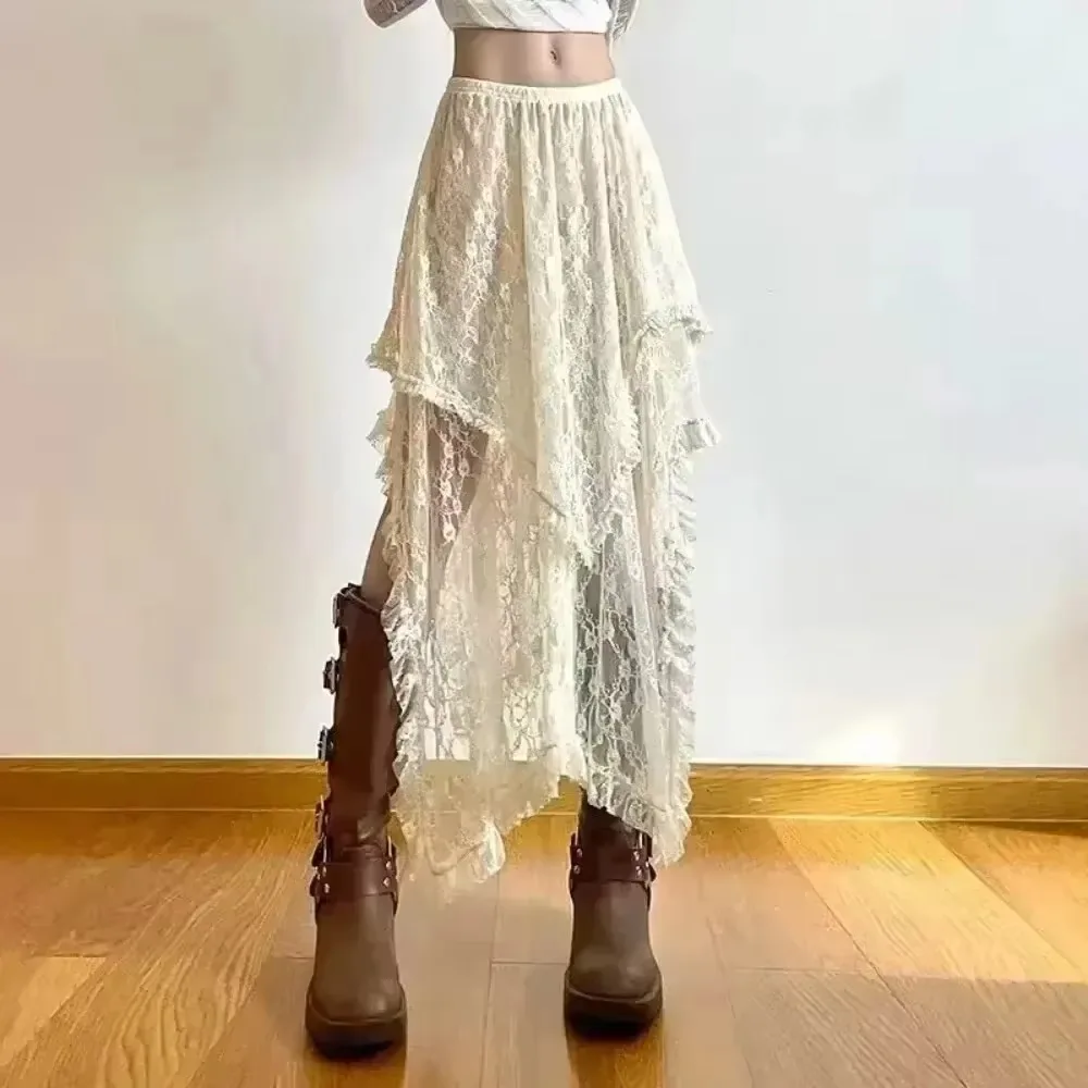 섹시한 레이스 불규칙한 비대칭 스커트 Fairycore 여성 빈티지 Y2K Boho 미적 하이 웨이스트 미드 스커트 레이디 홀리데이 의상