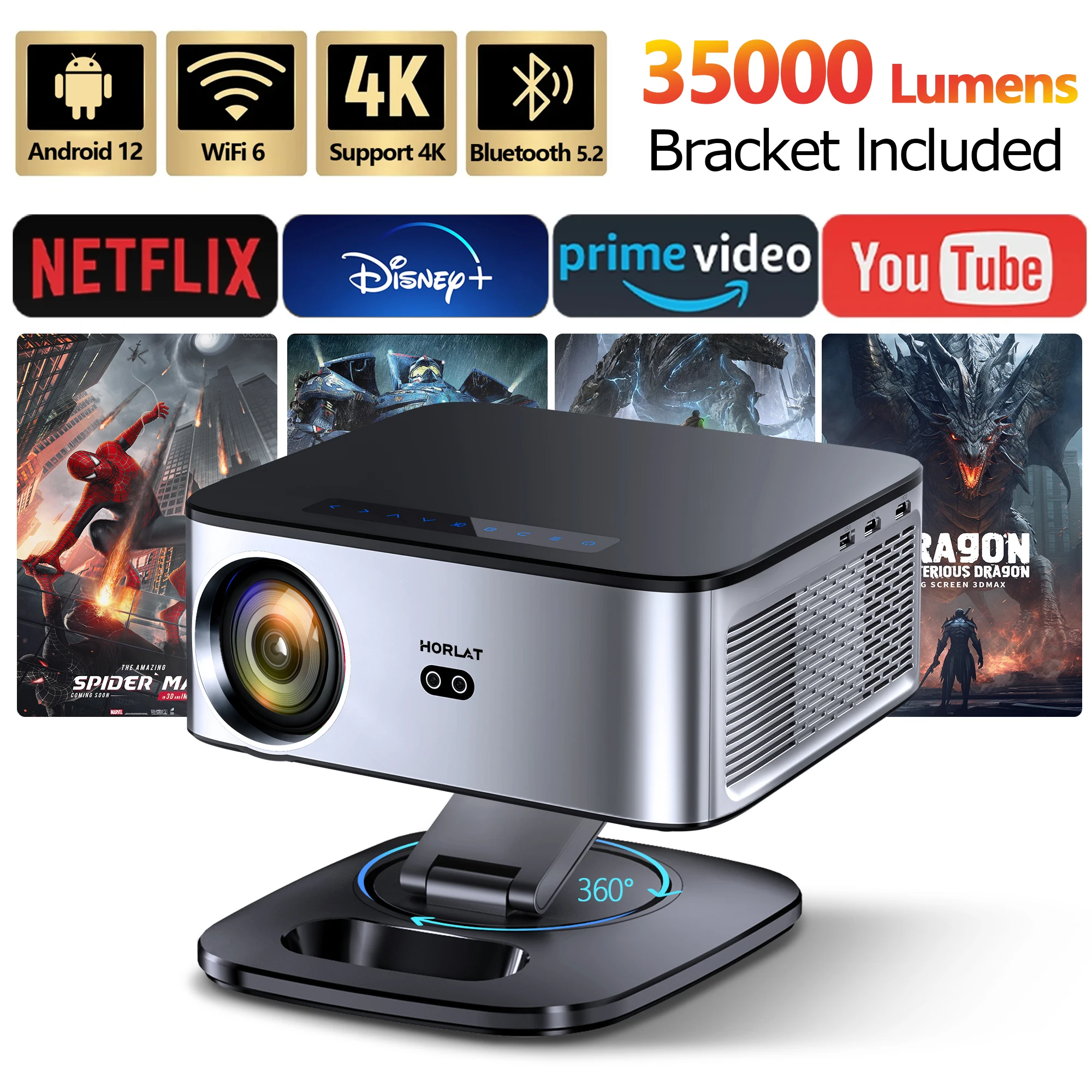 Horlat 2025 4K UHD 프로젝터 35000 루멘 안드로이드 WiFi 6 BT5.2 64G Native1080P Netflix 용 풀 HD 홈 시어터 영화 프로젝터
