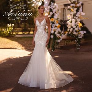 맞춤형 Aviana 스파게티 스트랩 v 넥 인어 웨딩 드레스 백리스 Tulle Appliques 자수 Sweetheart Vestidos de novia