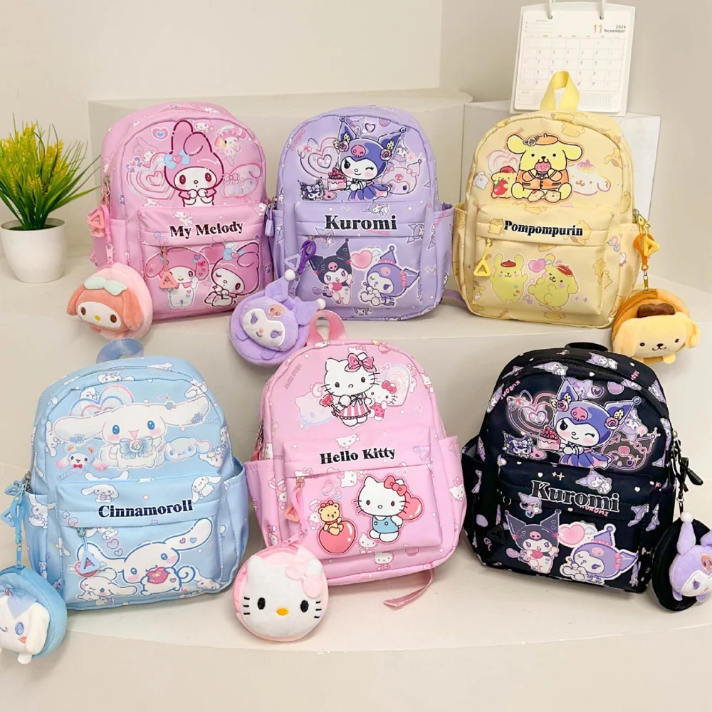 귀여운 HelloKitty Kuromi 어린이 학교 문구 가방 Kawaii 패션 MyMelody 펜던트 대용량 학생 배낭 소녀 선물
