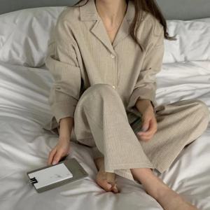 순수 코튼 잠옷 여성 긴 소매 캐주얼 대형 하이 엔드 솔리드 컬러 전체 코튼 홈 의류 세트 야외 착용