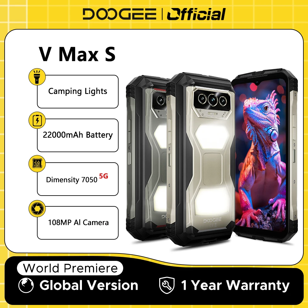 월드 프리미어 DOOGEE V Max S 5G 러기드 폰 듀얼 캠핑 라이트 22000mAh 배터리 24GB(8+16) 256GB 108MP AI 카메라 스마트폰