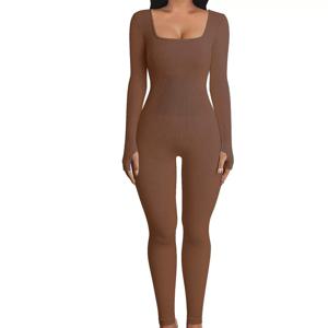 솔리드 컬러 골지 요가 점프수트, 심리스 슬림핏 긴팔 스포츠 바디수트, 여성용 액티브웨어