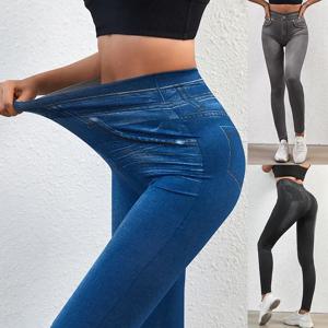 스트레치 웰 피트니스 가짜 포켓 하이 웨이스트 레깅스 가짜 데님 청바지 섹시한 탄성 Jeggings 소프트 캐주얼 얇은 펜슬 바지