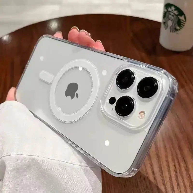 iPhone 16 15 14 13 11 12 Pro Max Plus 무선 충전 아크릴 박스 커버 용 Magsafe 투명 케이스 용 공식 마그네틱
