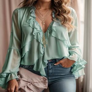 유행 여름 여성 셔츠 우아한 계단식 프릴 계층화 된 섹시한 v 넥 트럼펫 슬리브 ​​긴 소매 여성 캐주얼 셔츠