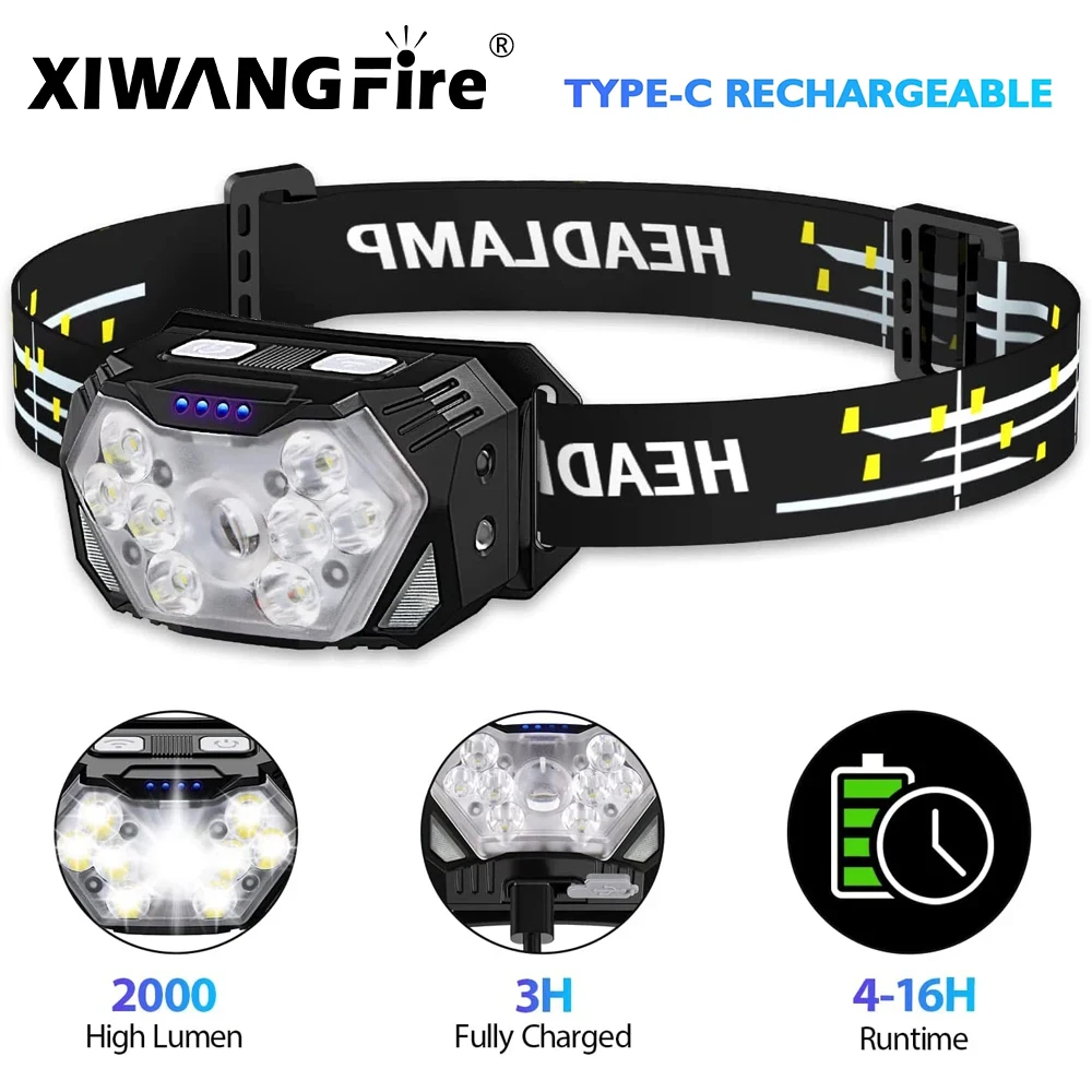 새로운 2000LM 울트라 브라이트 9 LED 전조등 USB C 충전식 헤드 라이트 10 모드 방수 모션 센서 헤드 램프 작업 손전등