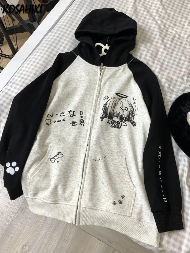 일본 대비 색 후드 탑 여성 Y2k 미적 만화 프린트 그런지 까마귀 캐주얼 지퍼 업 스웨트 하라주쿠 streetwear