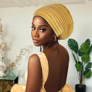 여성을위한 새로운 원시 실크 Pleated Turban 모자 아프리카 여성 머리 랩 나이지리아 레이디 모자를 쓰고 있죠 모자 결혼식 Headtie