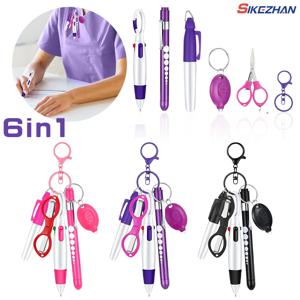 6in1 다기능 개폐식 볼펜 세트 손전등 접이식 가위 볼펜 키 체인 간호사 펜 영구 마커