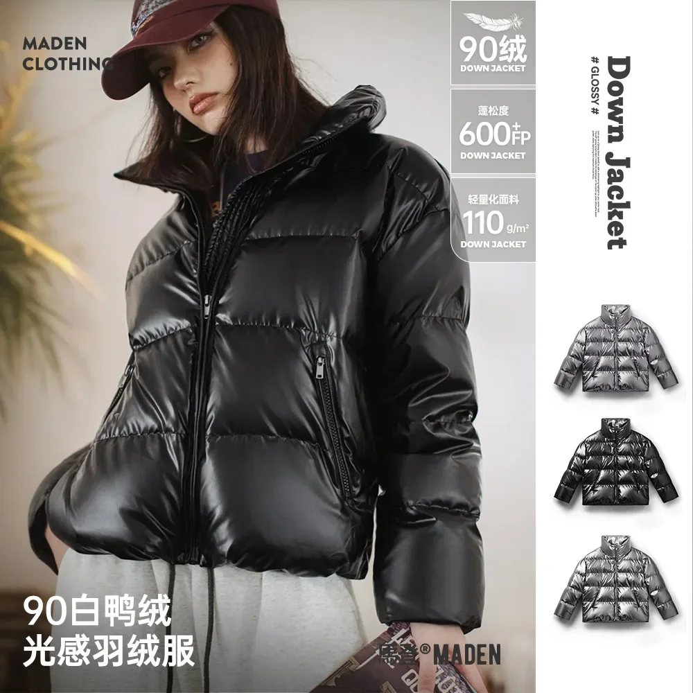Maden 여성용 캐쥬얼 샤이니 90% 화이트 덕 다운 재킷, 짧은 스탠드업 칼라, 따뜻한 퍼퍼 재킷, 두꺼운 코트, 가을 및 겨울