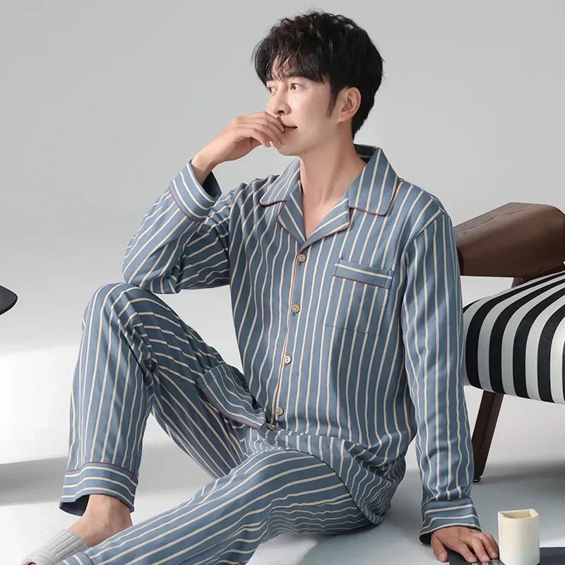 남성용 용수철 긴팔 가디건 세트, 캐주얼 스트라이프 라운지웨어, 빅 사이즈 L-3XL 잠옷, 청소년 소년, 청소년, 가을