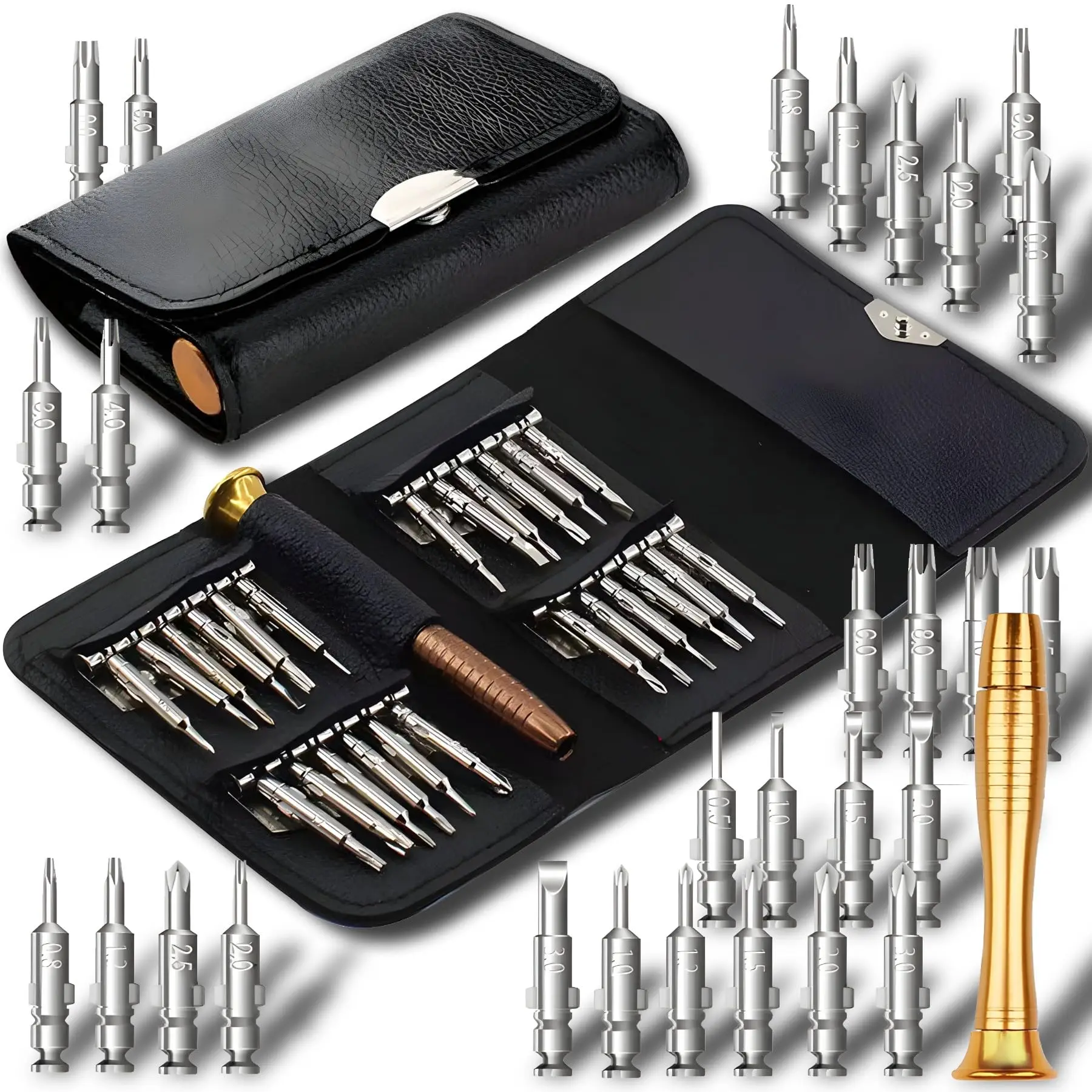 정밀 드라이버 세트 iPhone, MacBook, 노트북, 태블릿, 게임 콘솔, 안경 PC용 가죽 케이스가 포함된 25-in-1 미니 수공구