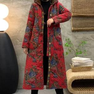 여성용 플리스 따뜻한 코튼 코트, 고급 플로럴 프린트, 중간 길이 후드 패딩 재킷, 방풍 코트, 빈티지 겨울