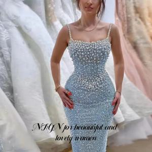 NFYN 블루 우아한 댄스 파티 드레스 화려한 진주 슬링 민소매 인어 이브닝 가운 Pleating Ball 가운 가운 soirée 맞춤형