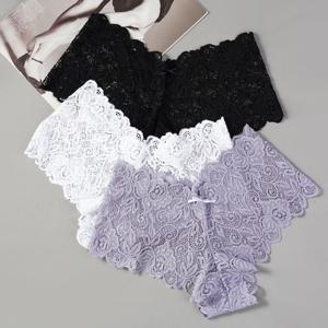 3Pcs 섹시한 꽃 레이스 팬티 여성 팬티 낮은 허리 부드러운 란제리 편안한 여성 속옷 여자 친밀한 팬티