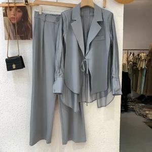 여름 새로운 중공 태양 보호 쉬폰 셔츠 블레이저 넓은 다리 바지 두 조각 세트 우아한 여성 바지 세트 사무실 의상