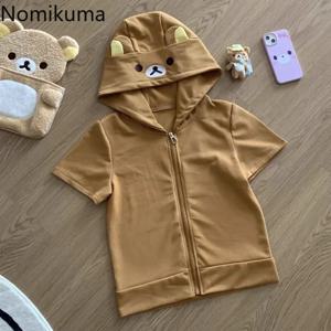 곰 귀 일본 귀여운 자켓 여성 2025 Ropa Mujer 짧은 소매 지퍼 튜닉 코트 Y2k 탑 캐주얼 패션 일본 Outwear
