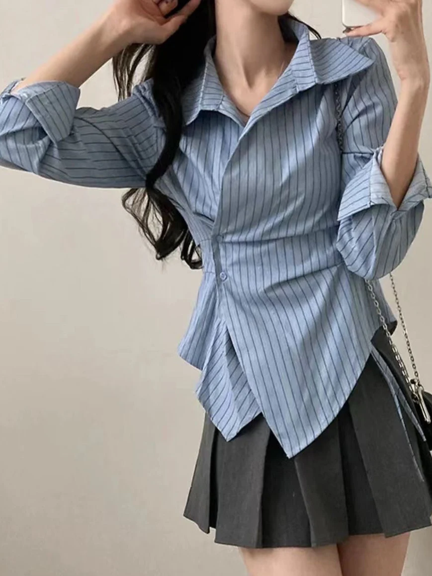 한국 디자인 불규칙 허리 조임 가을 스트라이프 대학 스타일 긴 소매 슬림 탑 여성 패션 폴리에스터 셔츠